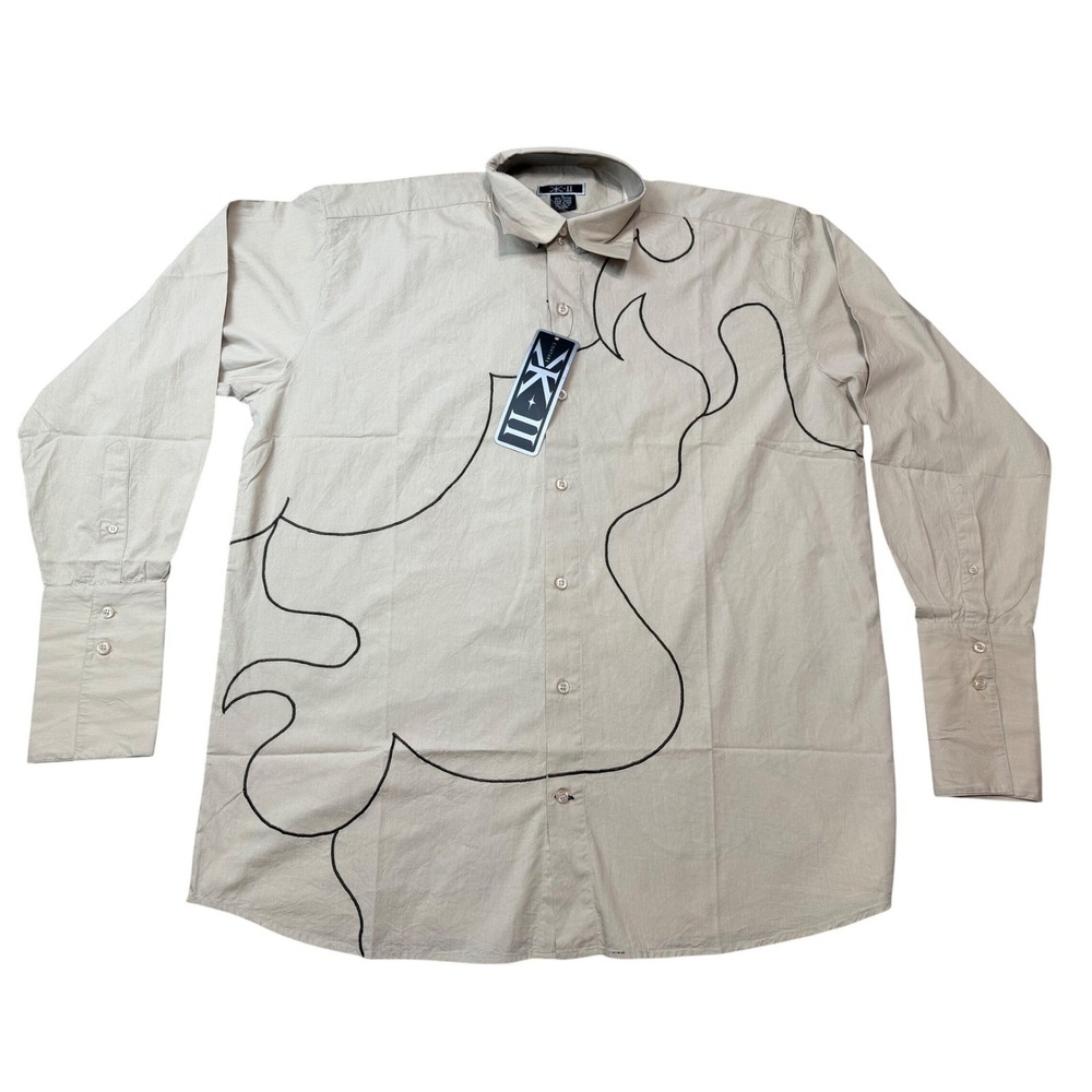 VTG KX‎ Mens 3XL Beige Long Sleeve Button Up Shirt Flame Design Embroidered NWOT